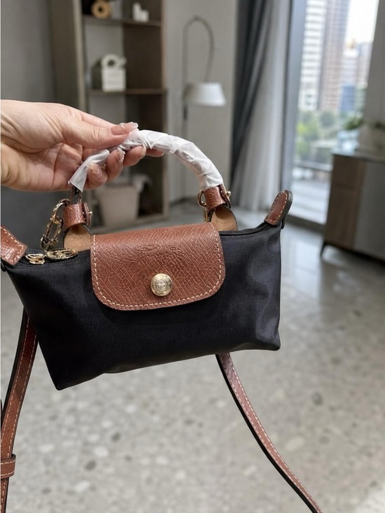 Longchamp Handbags - Longchamp Black Nylon Crossbody with Brown Leather Trim